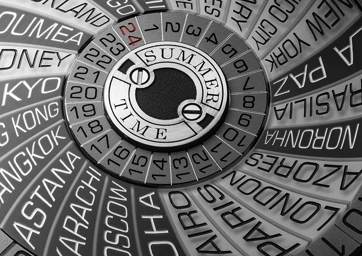 On the reverse is a rotating disc featuring 24 time zones around the world