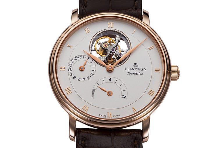 The Blancpain has a flying tourbillon, which cantilevers the balance wheel in the tourbillon cage